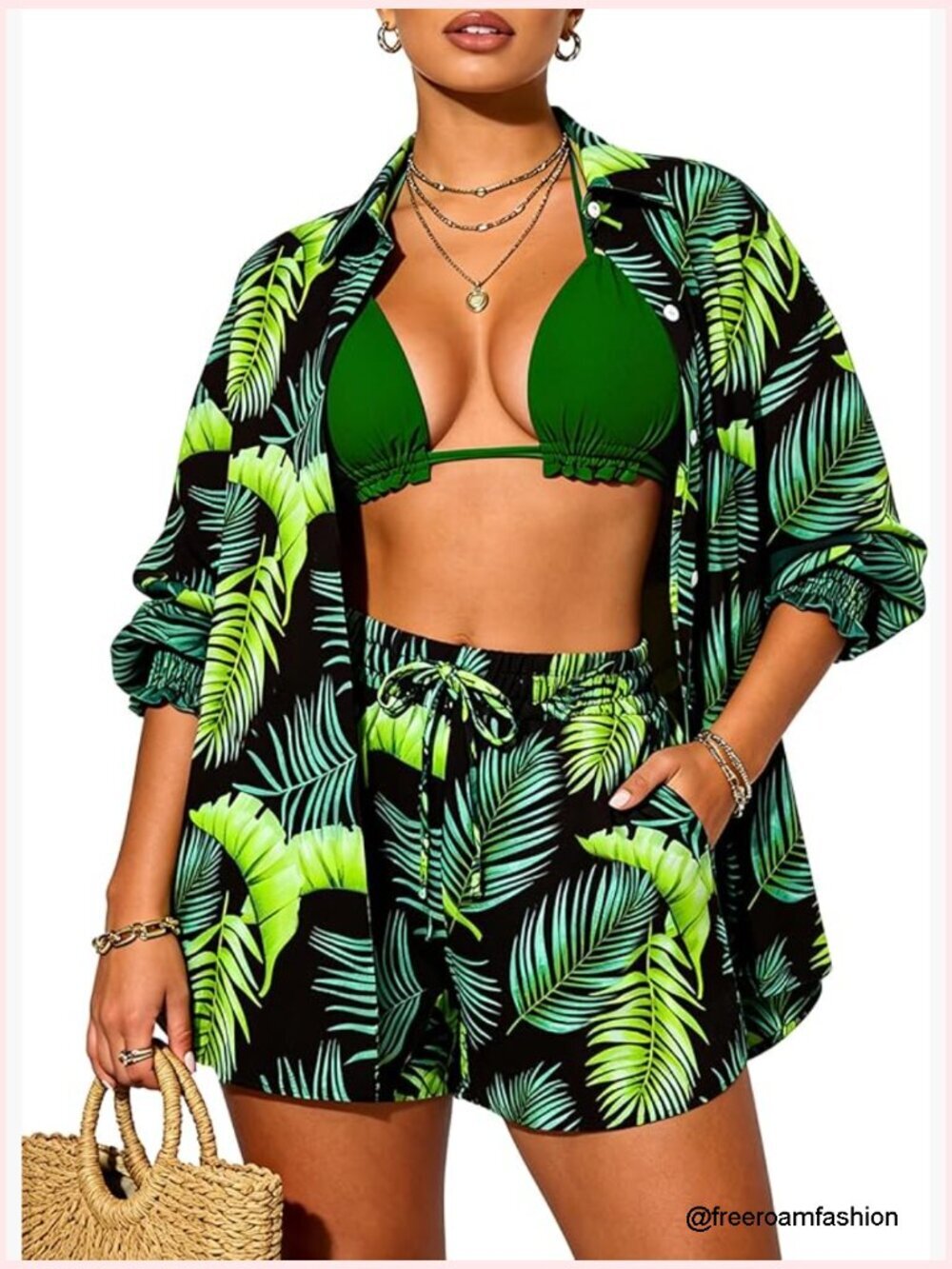 3 Piece Swimsuit Set: Bikini, Cover Up & Shorts Tropical Beach